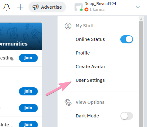 go to user settings reddit